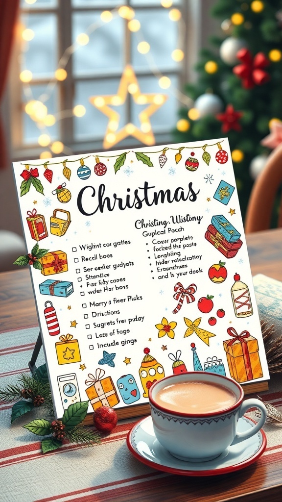 Christmas Wishlist Drawing Ideas A colorful Christmas wishlist drawing with toys, books, and decorations on a festive table.